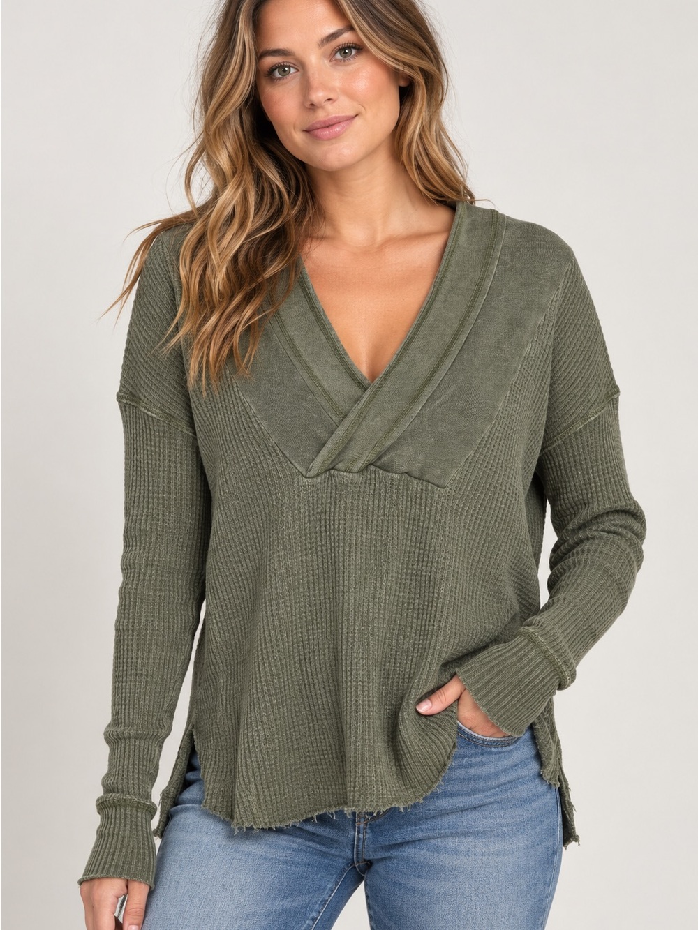 BKE Olive Green Cowl Neck Waffle Knit Top Size L